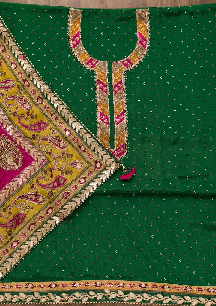 Bottle Green Zariwork Semi Crepe Unstitched Salwar Kameez-Koskii