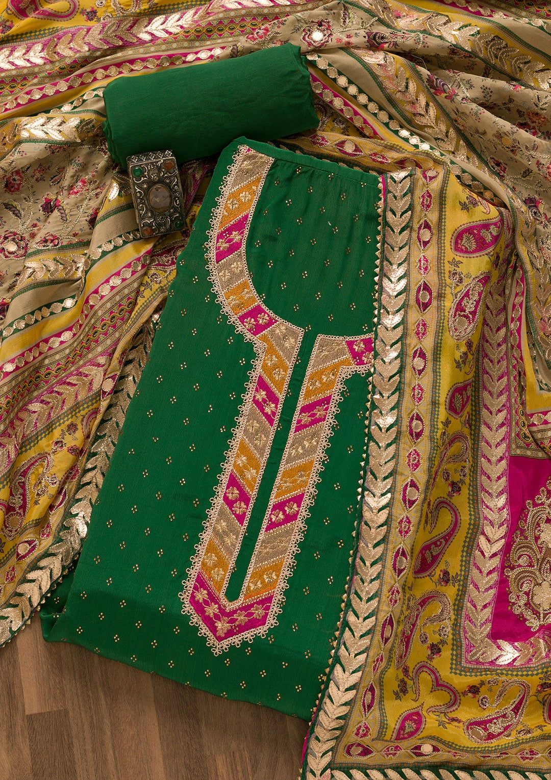 Bottle Green Zariwork Semi Crepe Unstitched Salwar Kameez-Koskii