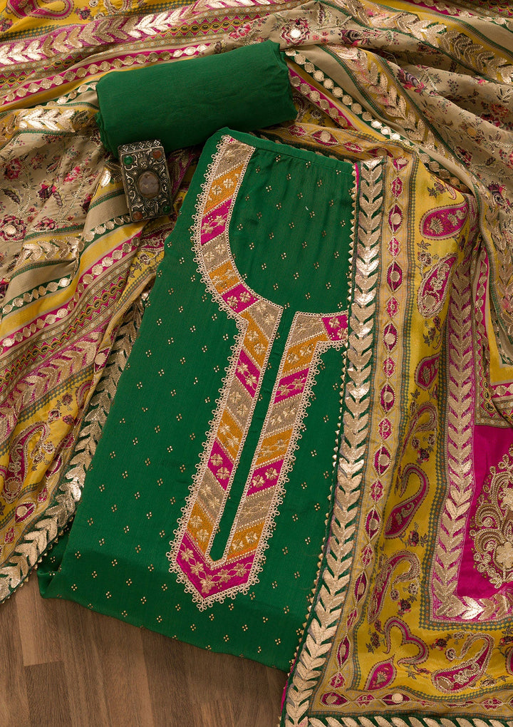 Bottle Green Zariwork Semi Crepe Unstitched Salwar Kameez-Koskii