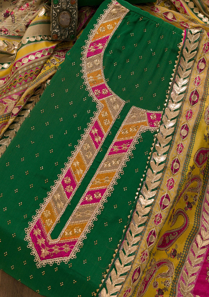 Bottle Green Zariwork Semi Crepe Unstitched Salwar Kameez-Koskii