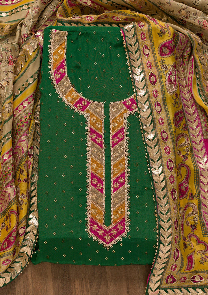 Bottle Green Zariwork Semi Crepe Unstitched Salwar Kameez-Koskii