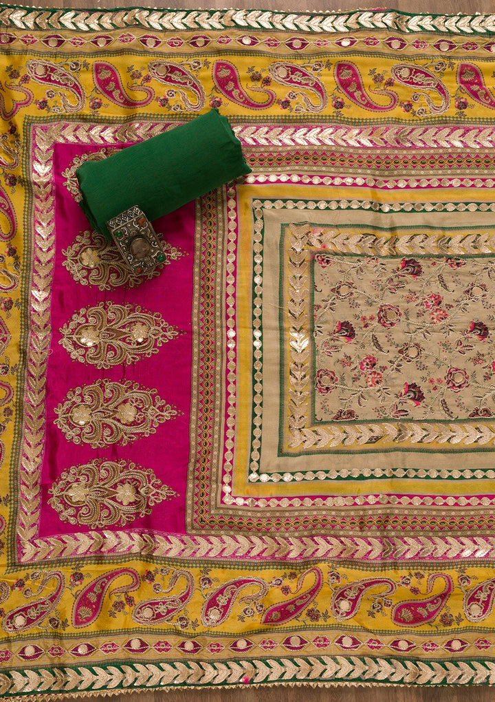 Bottle Green Zariwork Semi Crepe Unstitched Salwar Kameez-Koskii