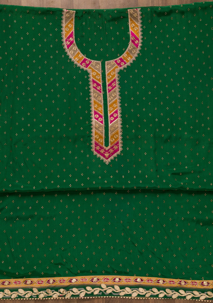 Bottle Green Zariwork Semi Crepe Unstitched Salwar Kameez-Koskii