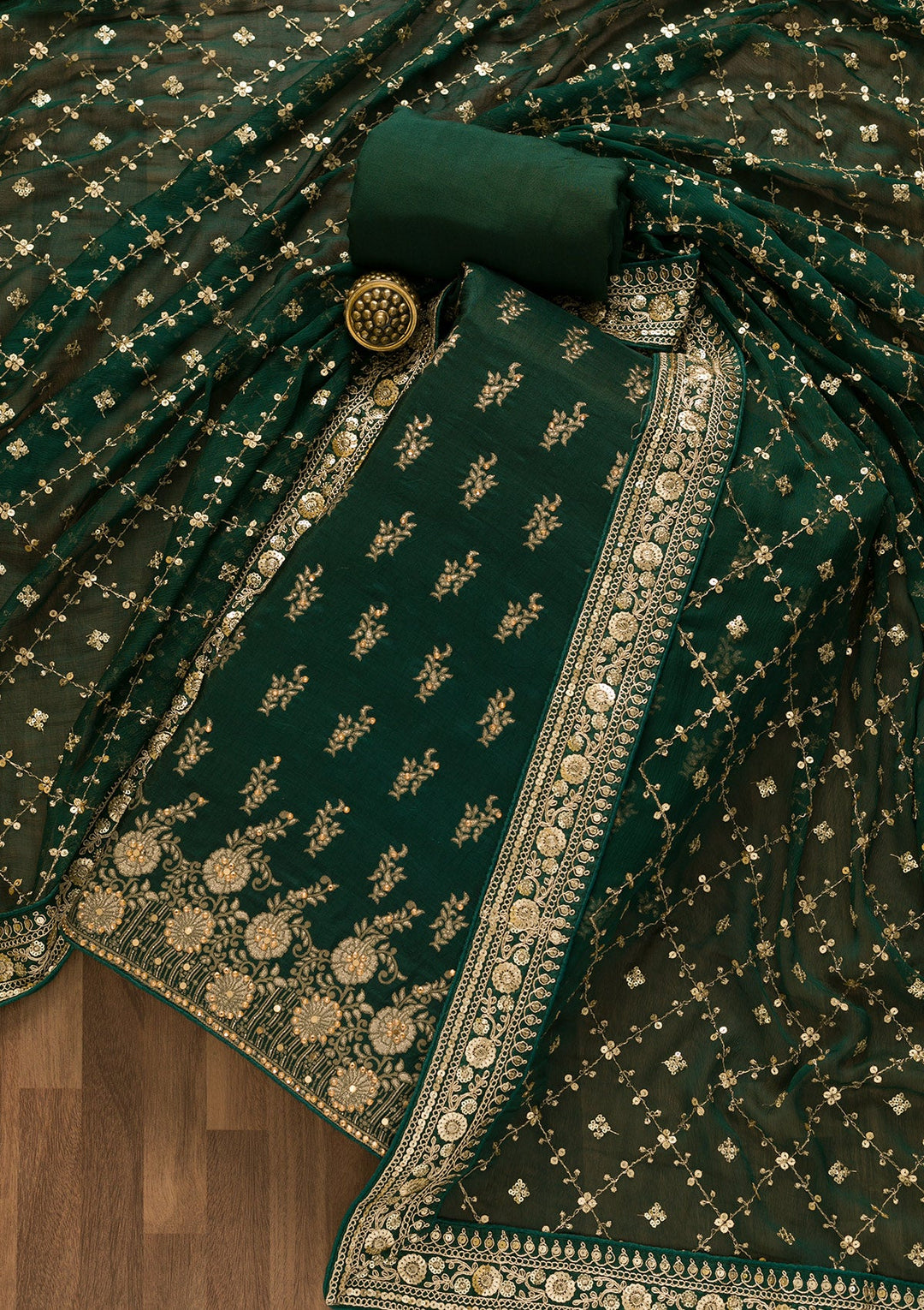 Bottle Green Zariwork Soft Silk Unstitched Salwar Kameez-Koskii