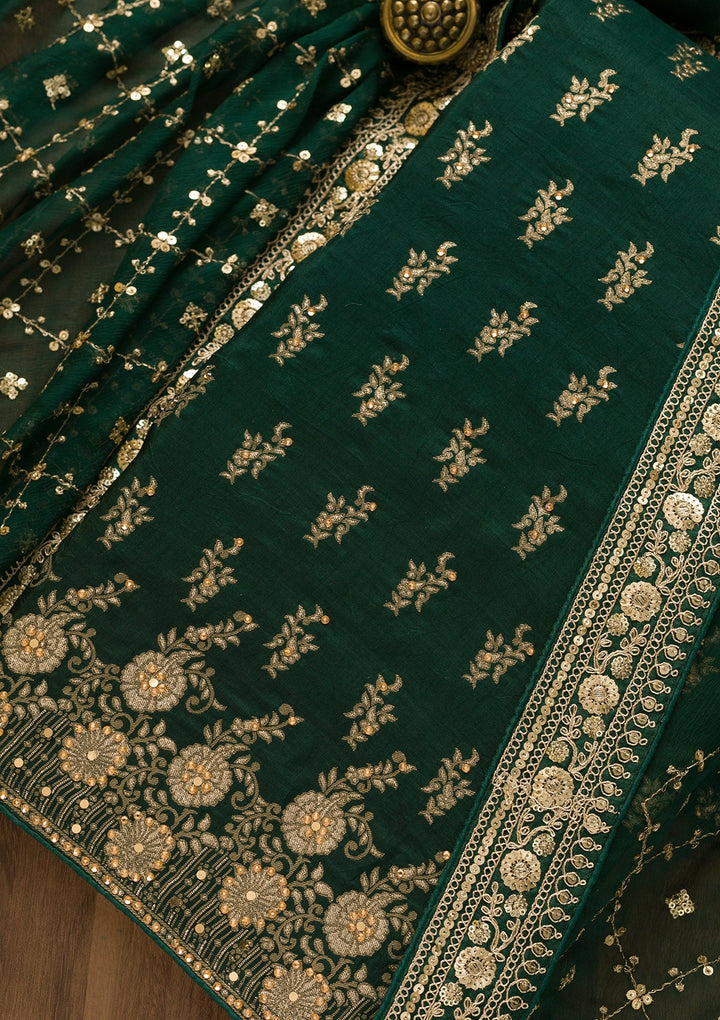 Bottle Green Zariwork Soft Silk Unstitched Salwar Kameez-Koskii