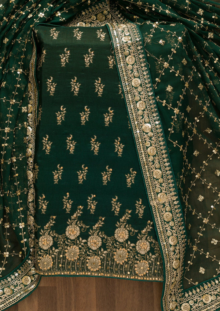 Bottle Green Zariwork Soft Silk Unstitched Salwar Kameez-Koskii