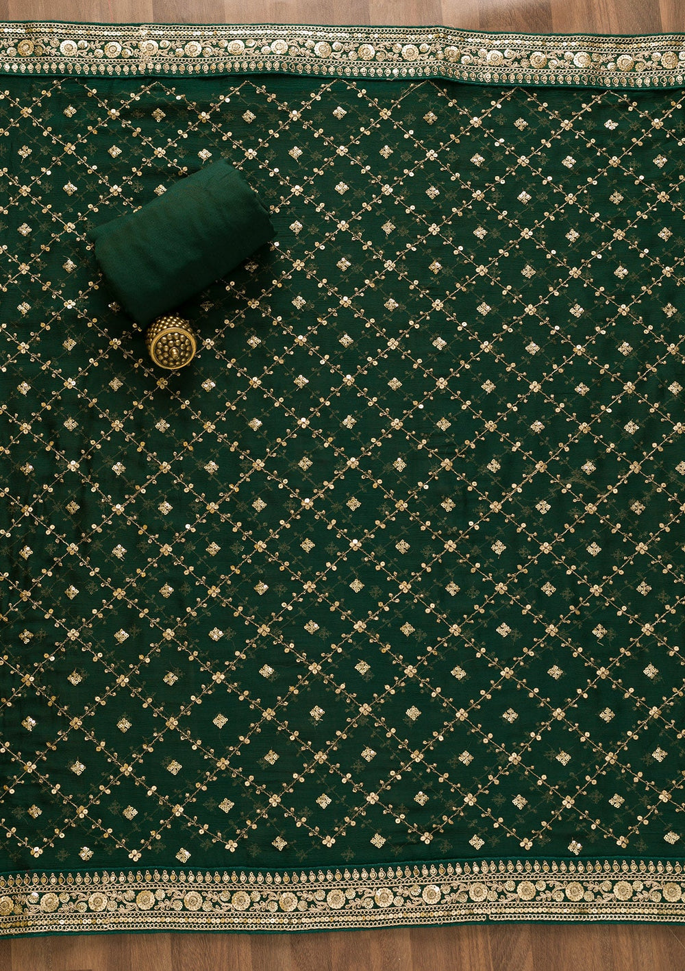 Bottle Green Zariwork Soft Silk Unstitched Salwar Kameez-Koskii