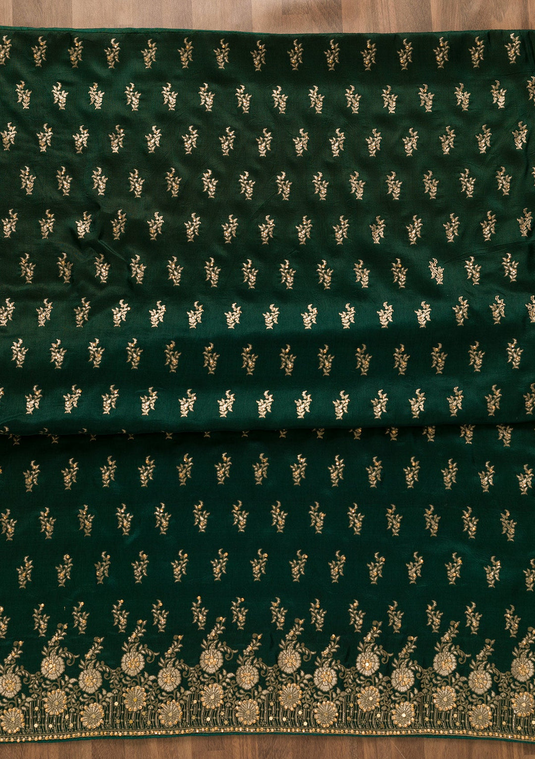 Bottle Green Zariwork Soft Silk Unstitched Salwar Kameez-Koskii