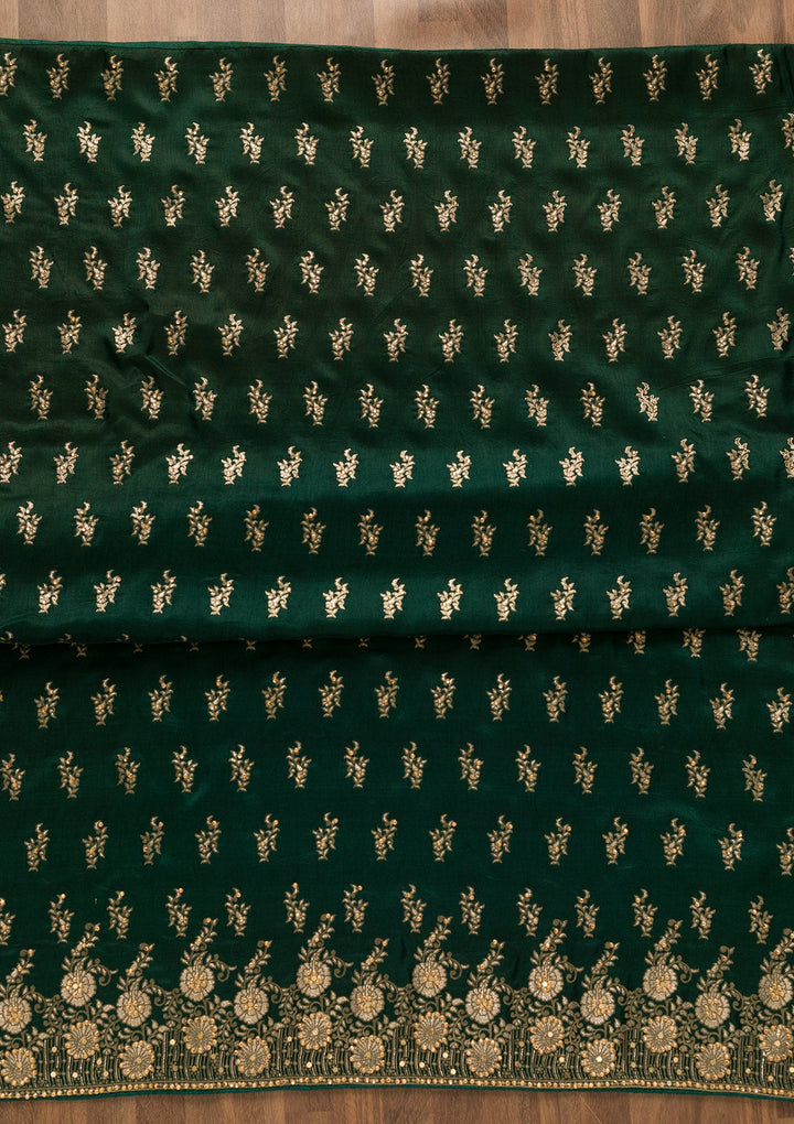 Bottle Green Zariwork Soft Silk Unstitched Salwar Kameez-Koskii