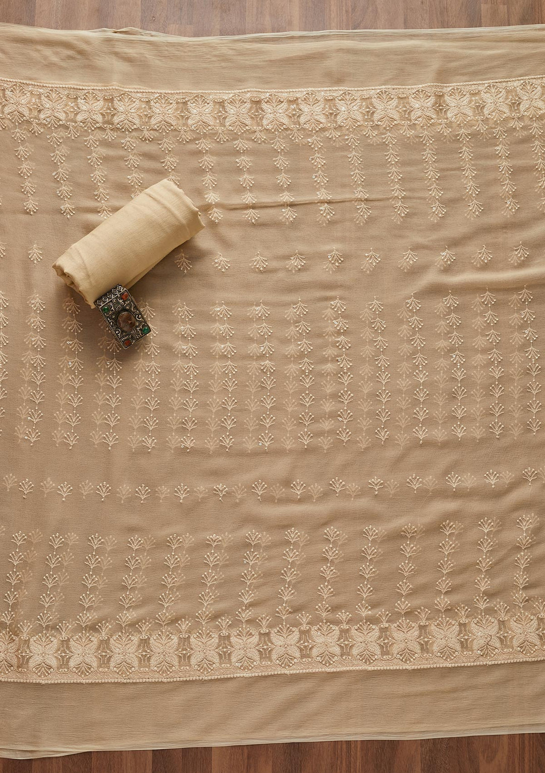 Brown Chikankari Chiffon Designer Unstitched Salwar Suit - Koskii