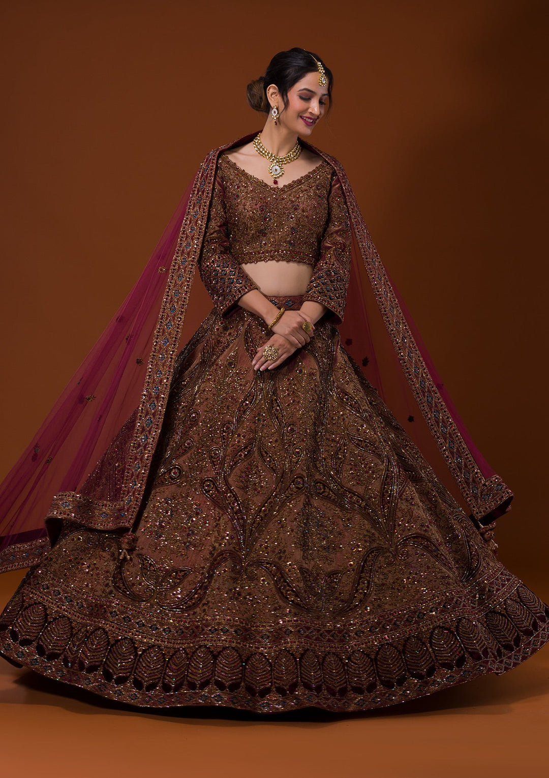 Brown Cutdana Raw Silk Lehenga-Koskii