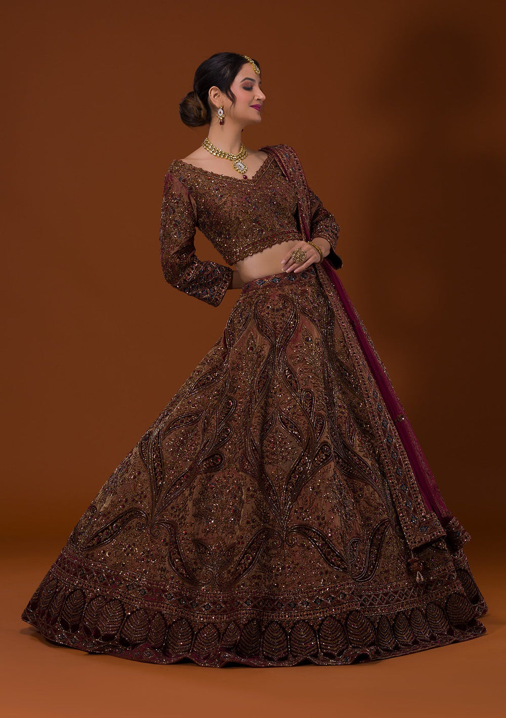 Brown Cutdana Raw Silk Lehenga-Koskii