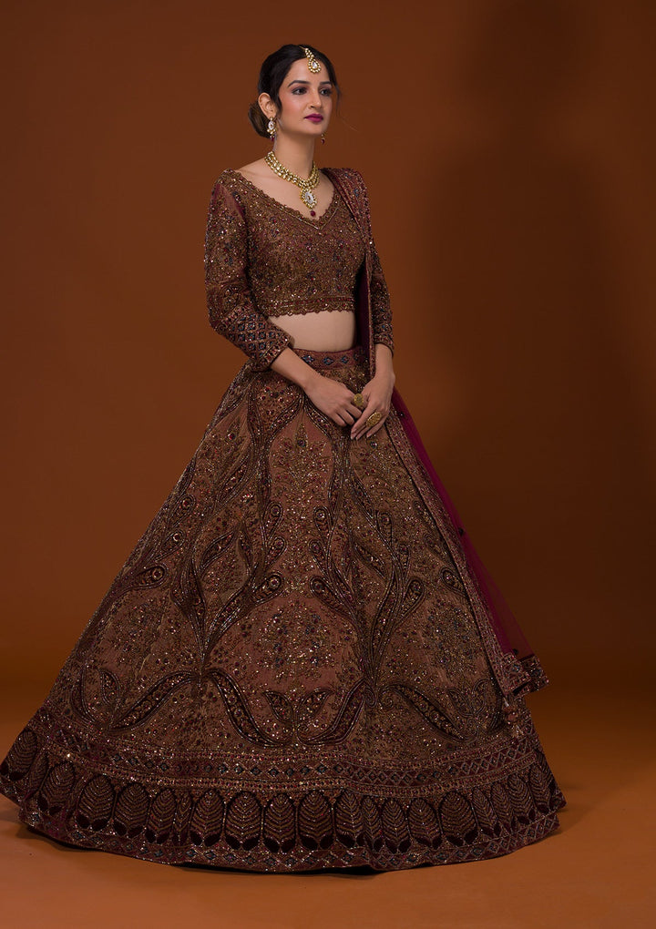 Brown Cutdana Raw Silk Lehenga-Koskii