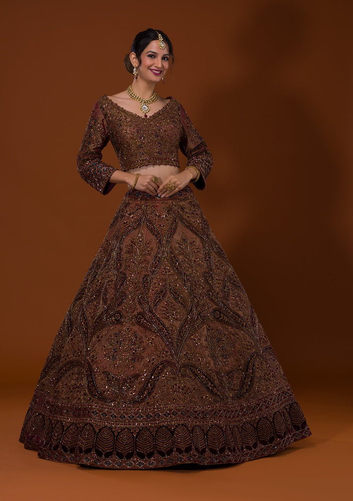 Brown Cutdana Raw Silk Lehenga-Koskii
