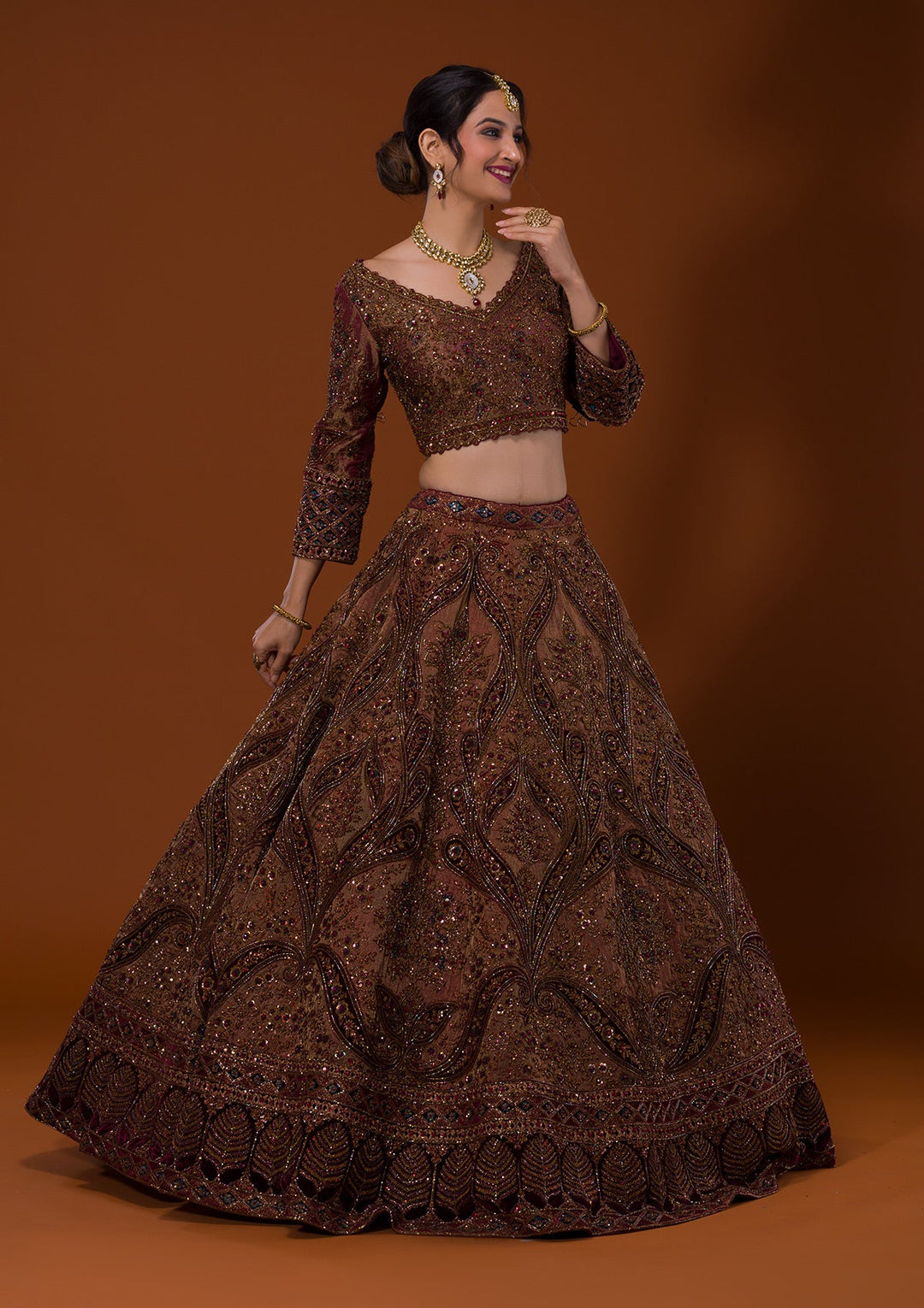 Brown Cutdana Raw Silk Lehenga-Koskii