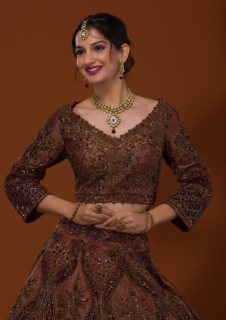 Brown Cutdana Raw Silk Lehenga-Koskii