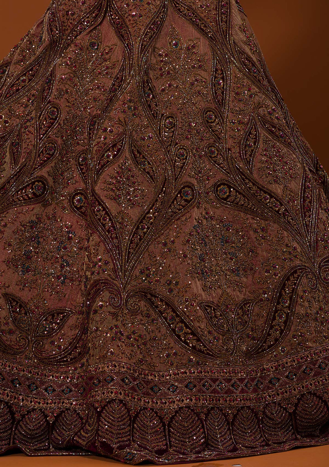 Brown Cutdana Raw Silk Lehenga-Koskii