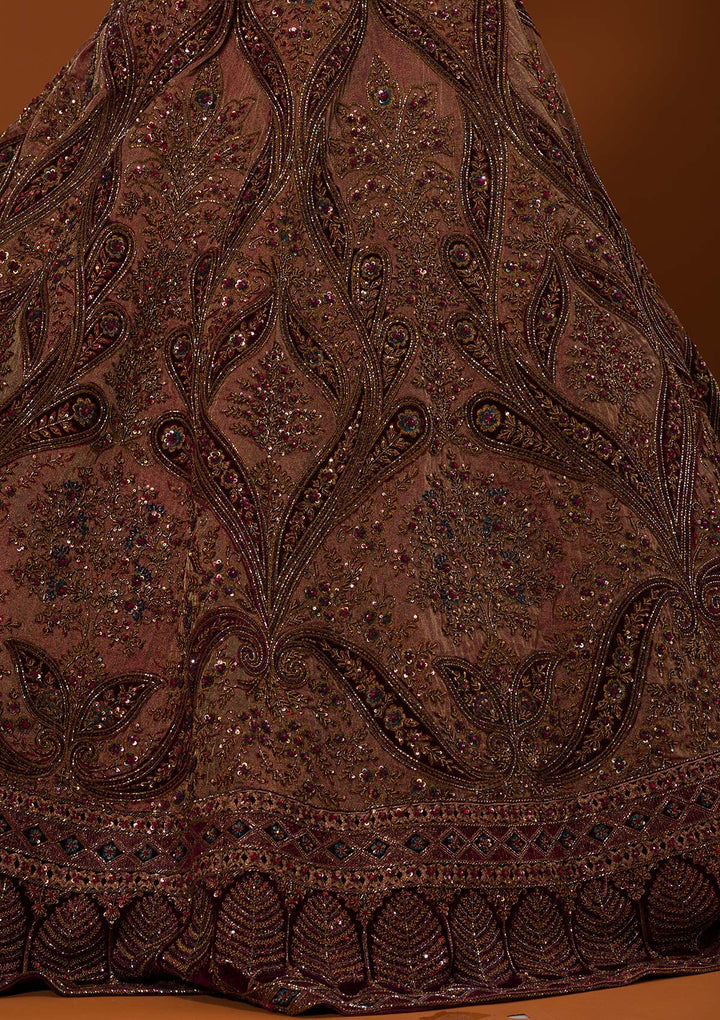 Brown Cutdana Raw Silk Lehenga-Koskii