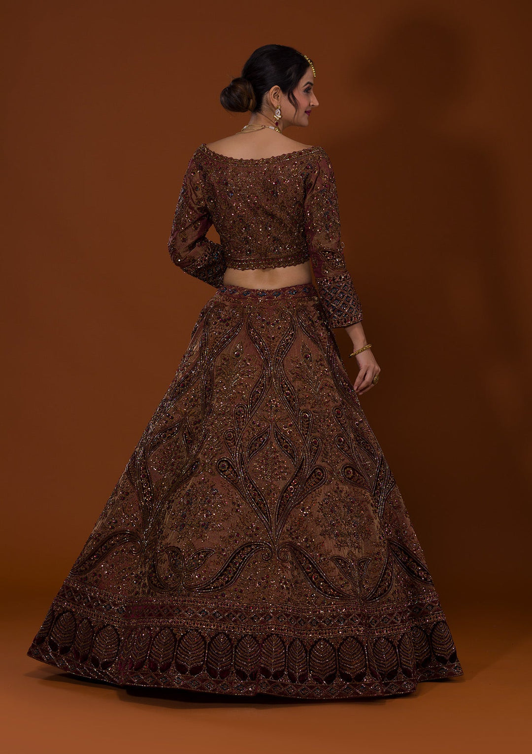 Brown Cutdana Raw Silk Lehenga-Koskii