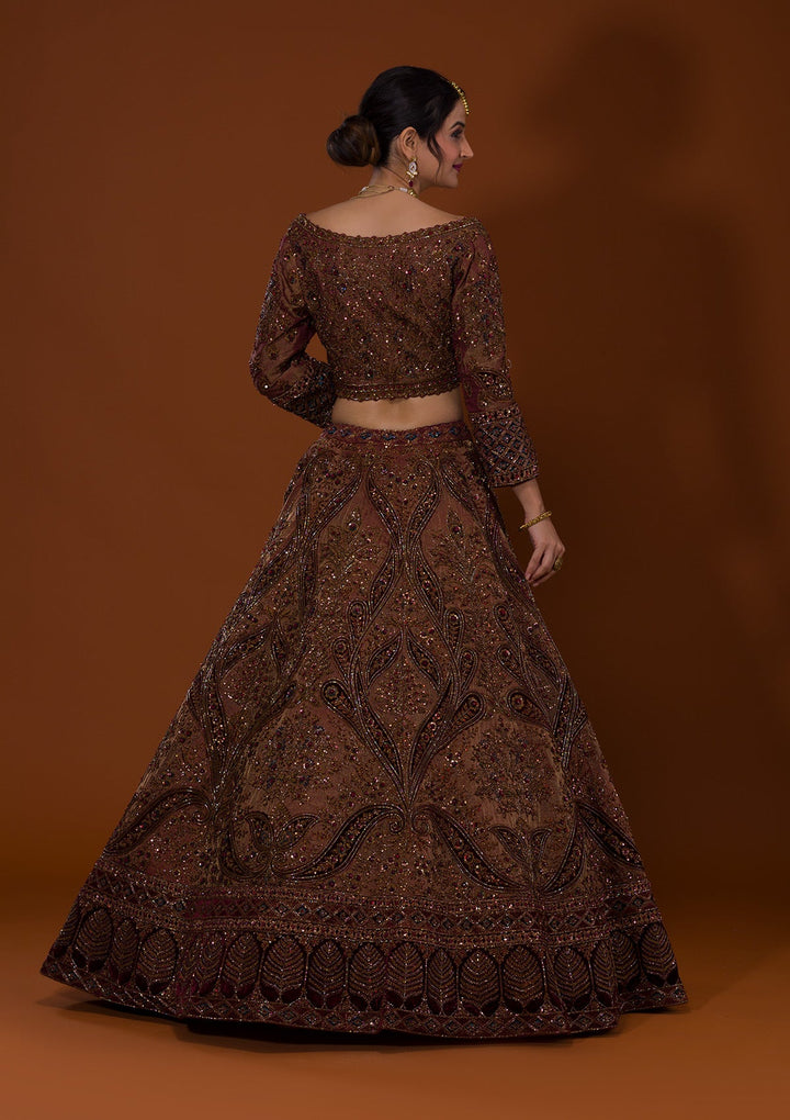 Brown Cutdana Raw Silk Lehenga-Koskii