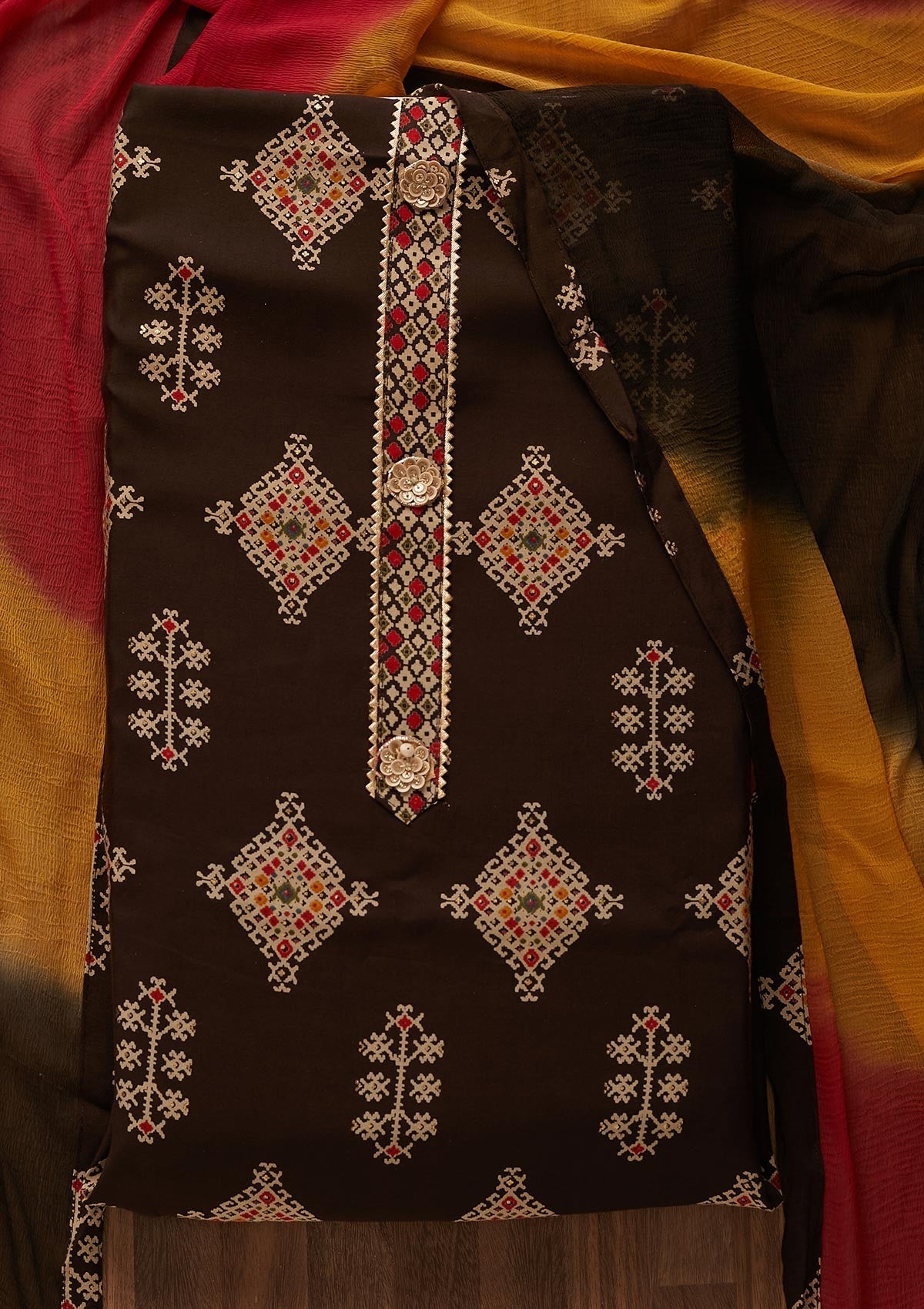 Brown Print Semi Crepe Designer Semi-Stitched Salwar Suit - Koskii