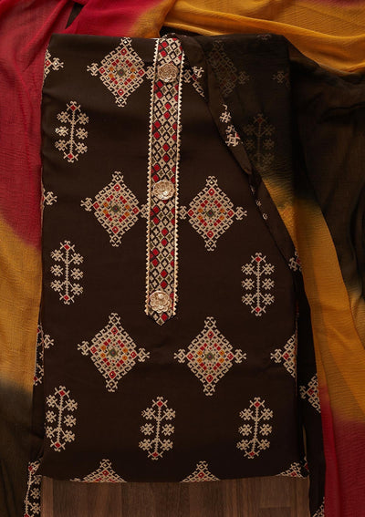 Brown Print Semi Crepe Designer Semi-Stitched Salwar Suit - Koskii