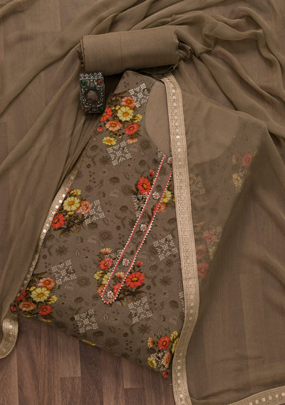Brown Printed Semi Crepe Semi-Stitched Salwar Suit-Koskii