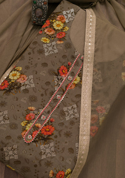 Brown Printed Semi Crepe Semi-Stitched Salwar Suit-Koskii