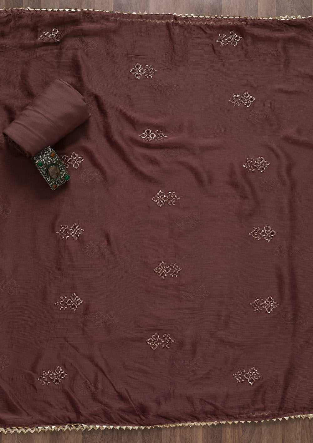 Brown Printed Semi Crepe Unstitched Salwar Suit-Koskii