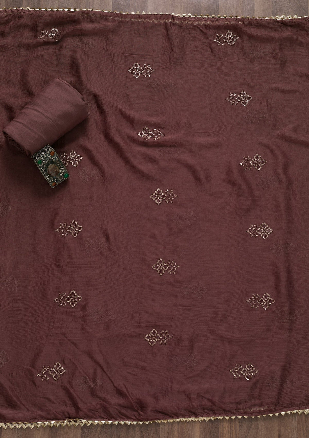 Brown Printed Semi Crepe Unstitched Salwar Suit-Koskii