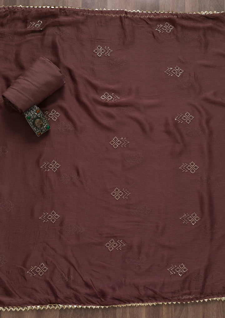 Brown Printed Semi Crepe Unstitched Salwar Suit-Koskii