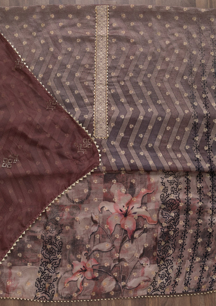 Brown Printed Semi Crepe Unstitched Salwar Suit-Koskii