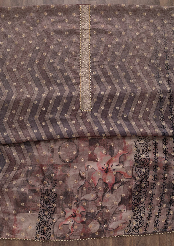 Brown Printed Semi Crepe Unstitched Salwar Suit-Koskii