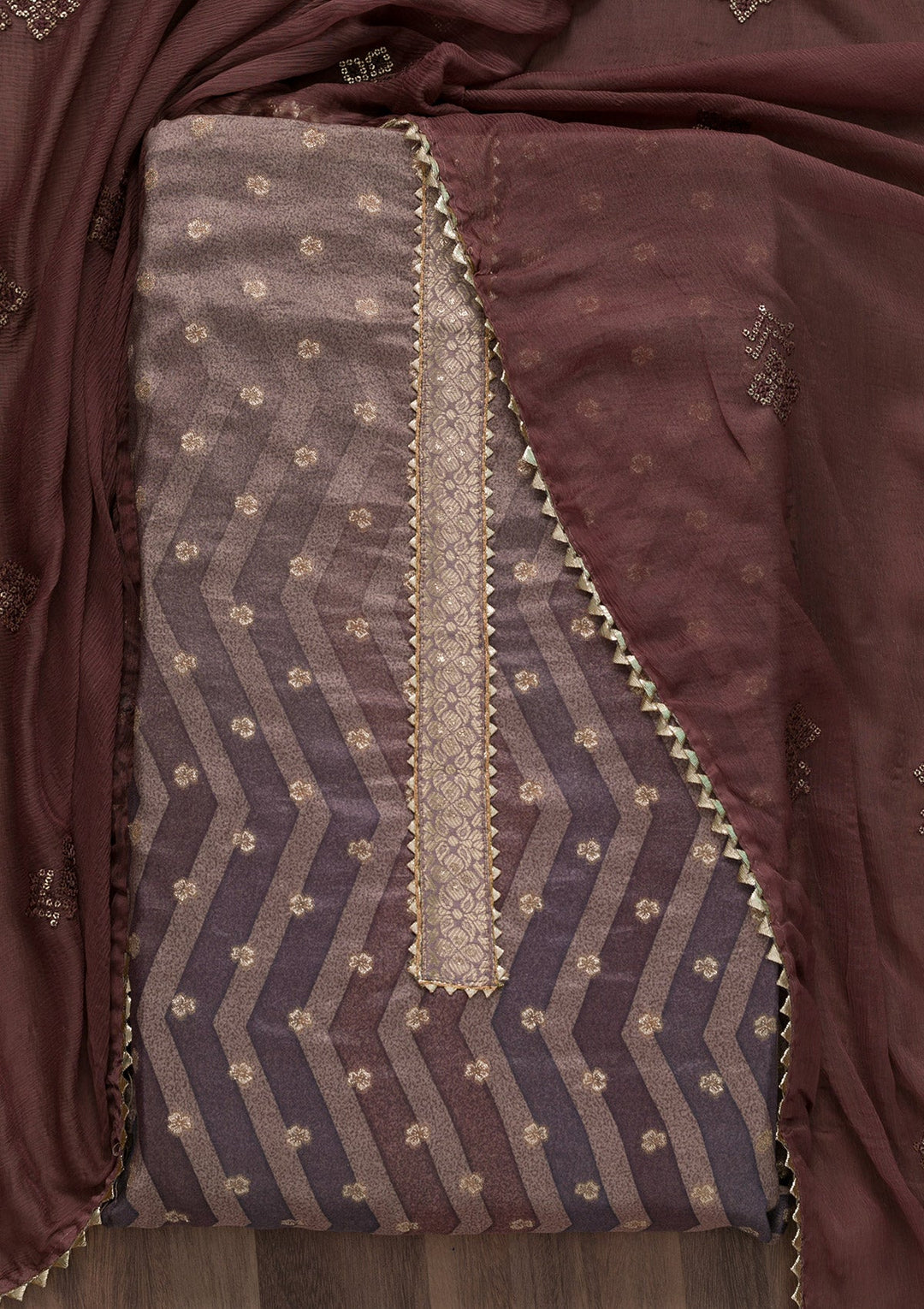 Brown Printed Semi Crepe Unstitched Salwar Suit-Koskii