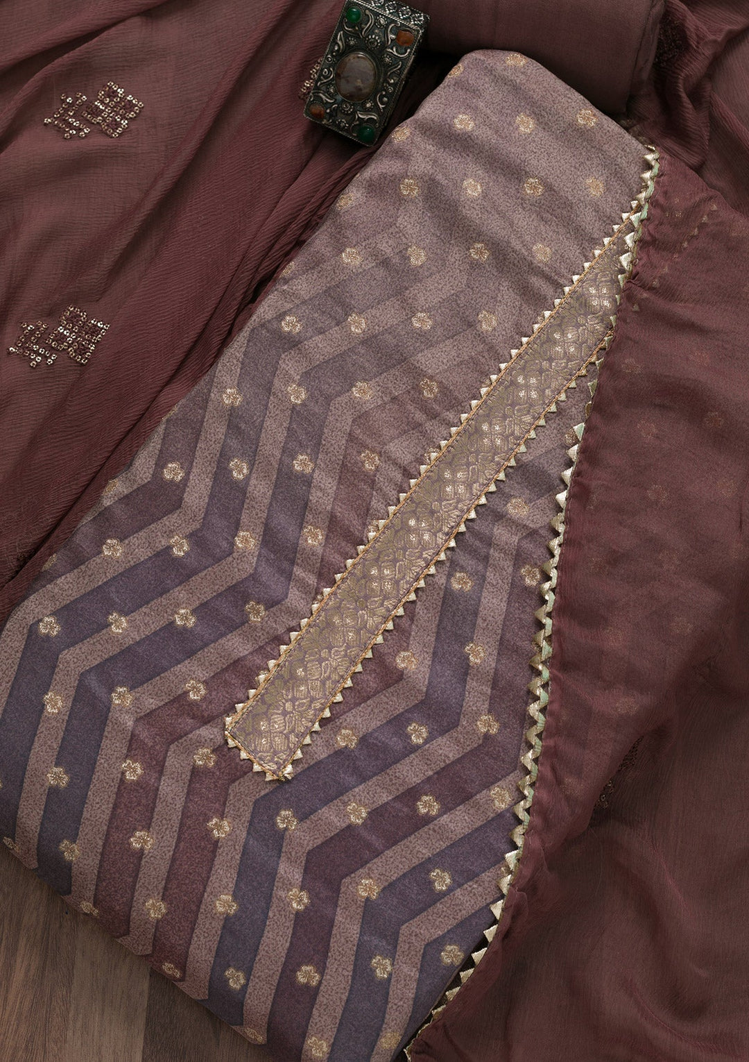 Brown Printed Semi Crepe Unstitched Salwar Suit-Koskii
