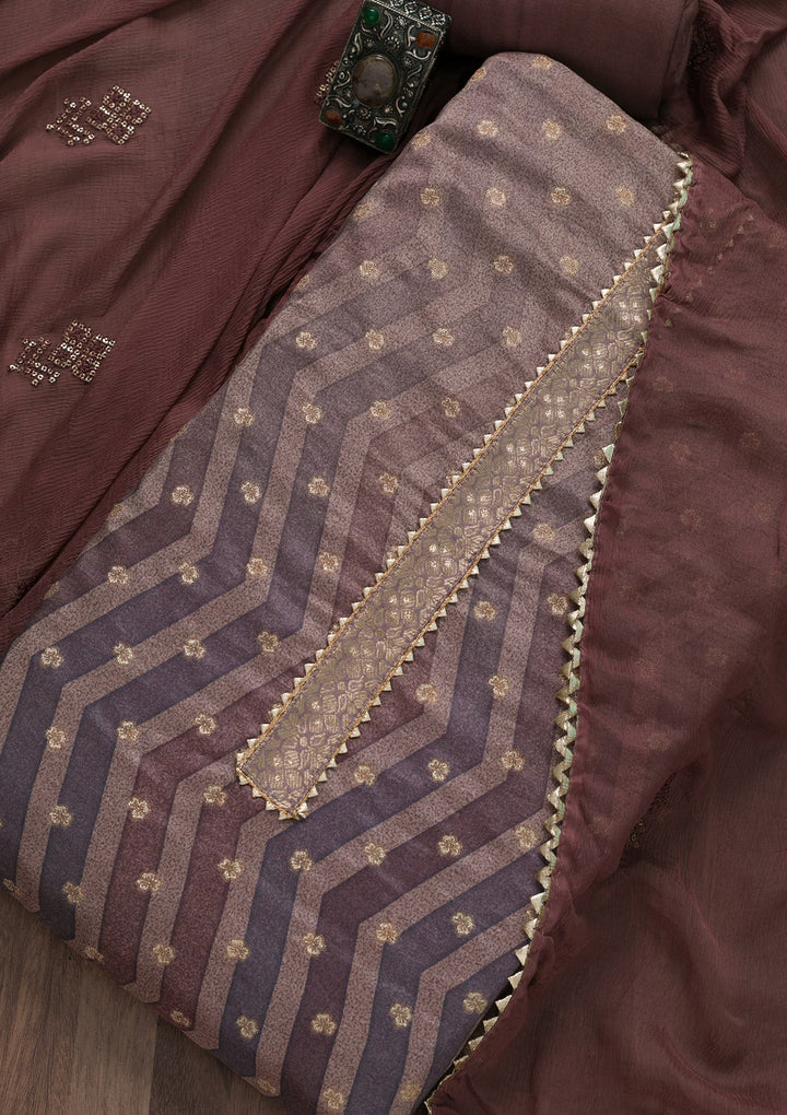 Brown Printed Semi Crepe Unstitched Salwar Suit-Koskii
