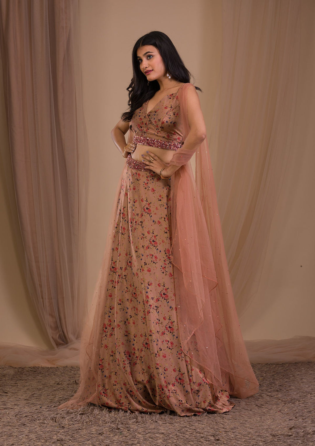 Brown Printed Satin Readymade Lehenga-Koskii
