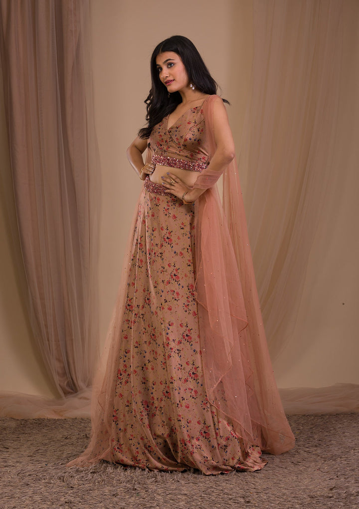 Brown Printed Satin Readymade Lehenga-Koskii