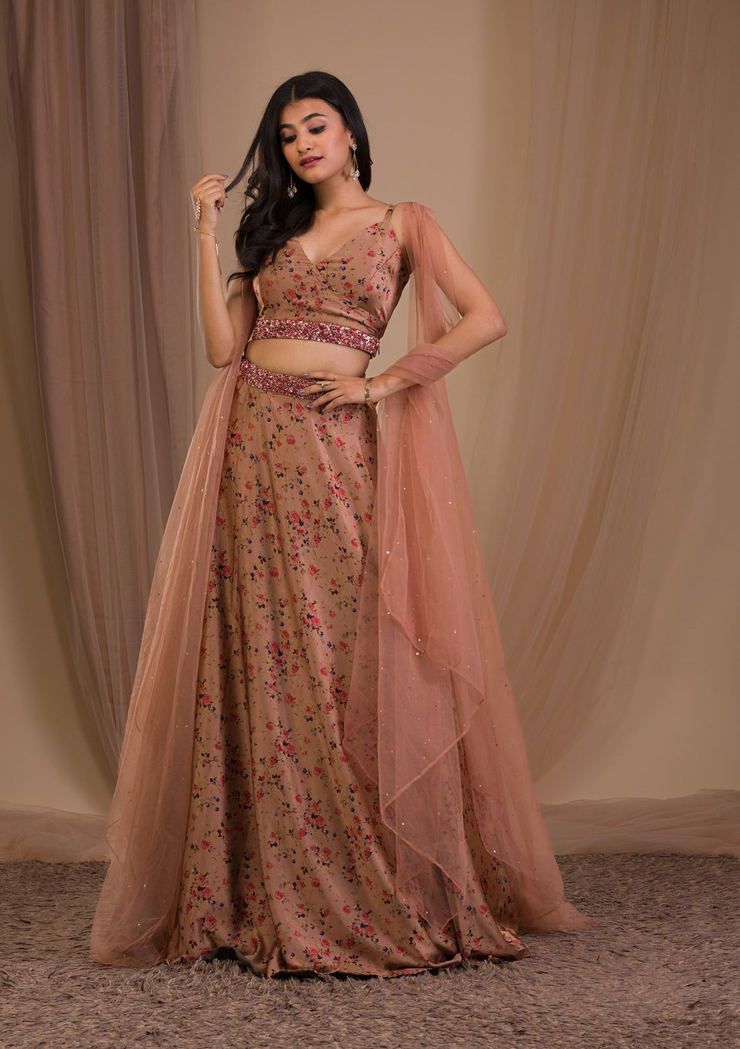 Brown Printed Satin Readymade Lehenga-Koskii