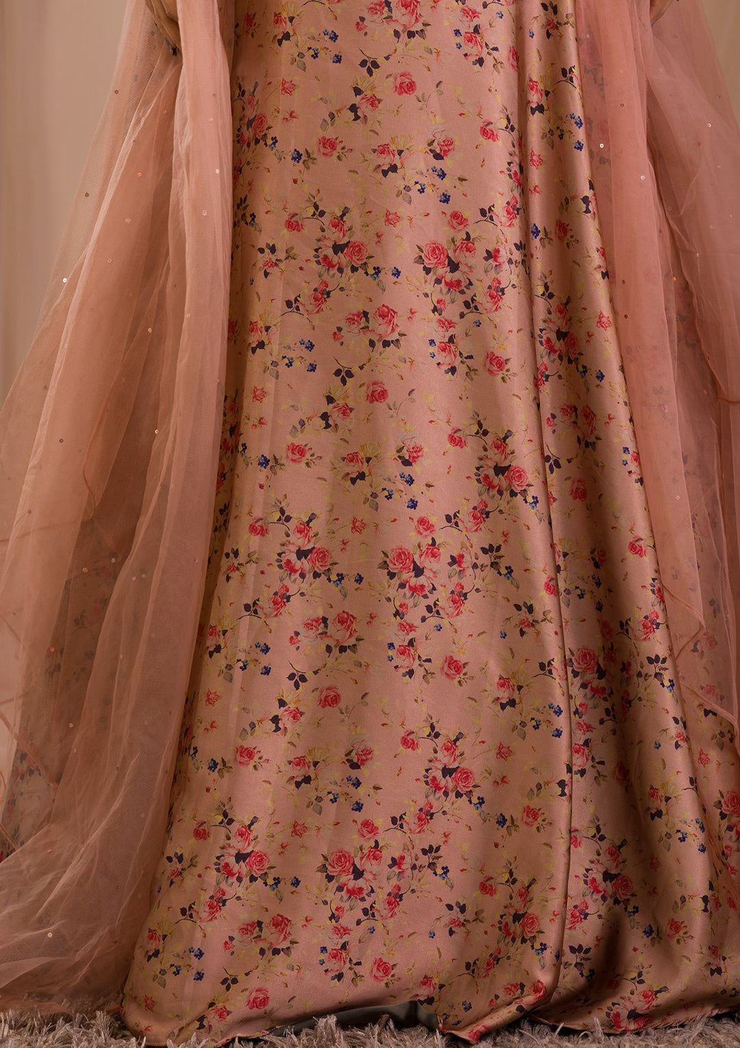 Brown Printed Satin Readymade Lehenga-Koskii