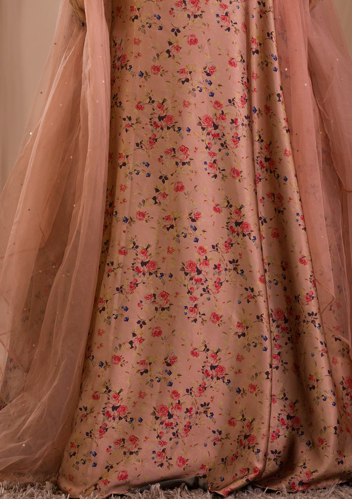 Brown Printed Satin Readymade Lehenga-Koskii