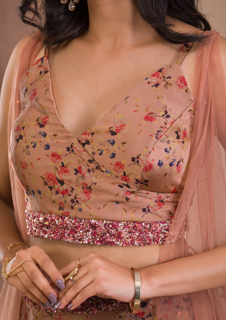 Brown Printed Satin Readymade Lehenga-Koskii