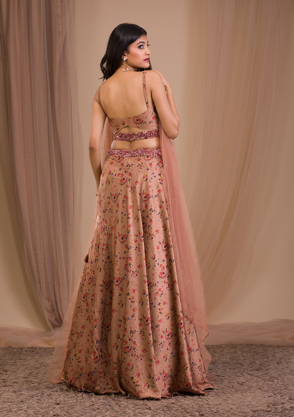 Brown Printed Satin Readymade Lehenga-Koskii