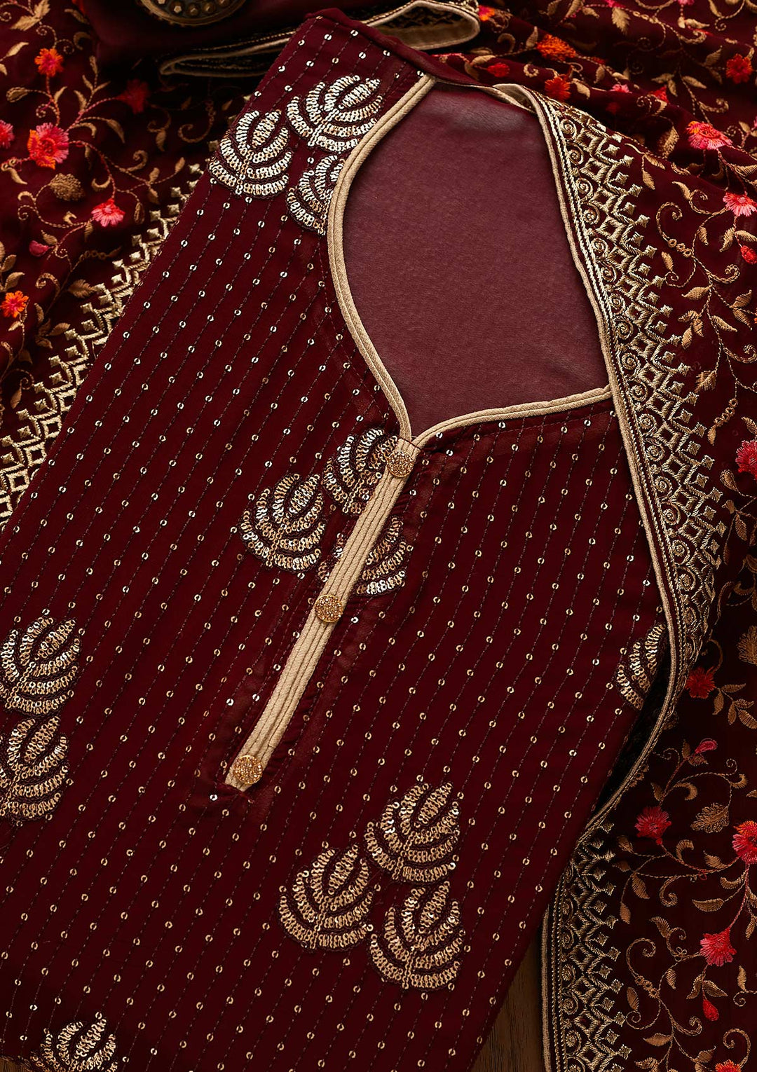 Brown Sequins Georgette Designer Unstitched Salwar Suit - koskii