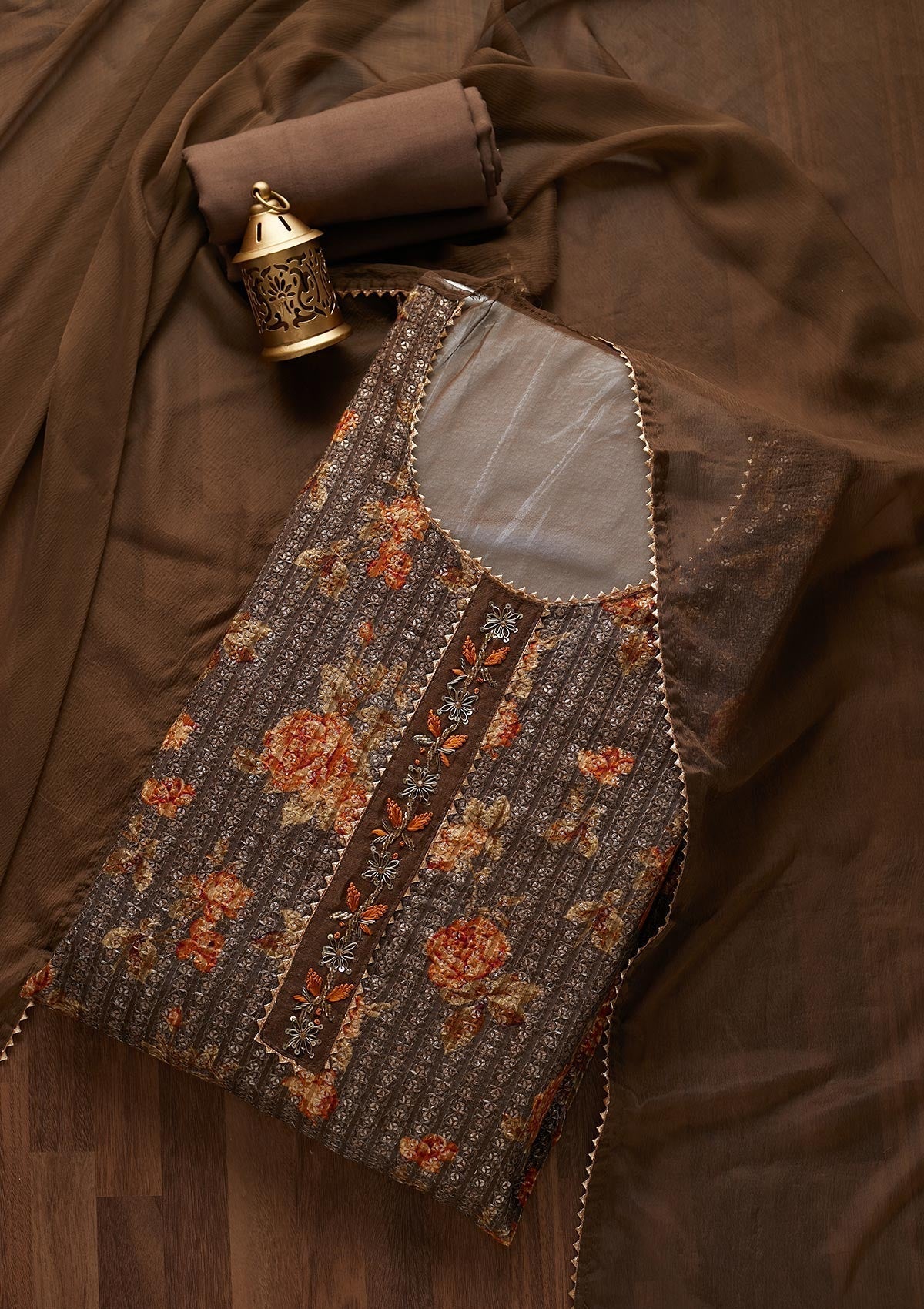 Brown Sequins Georgette Semi-Stitched Salwar Suit- Koskii