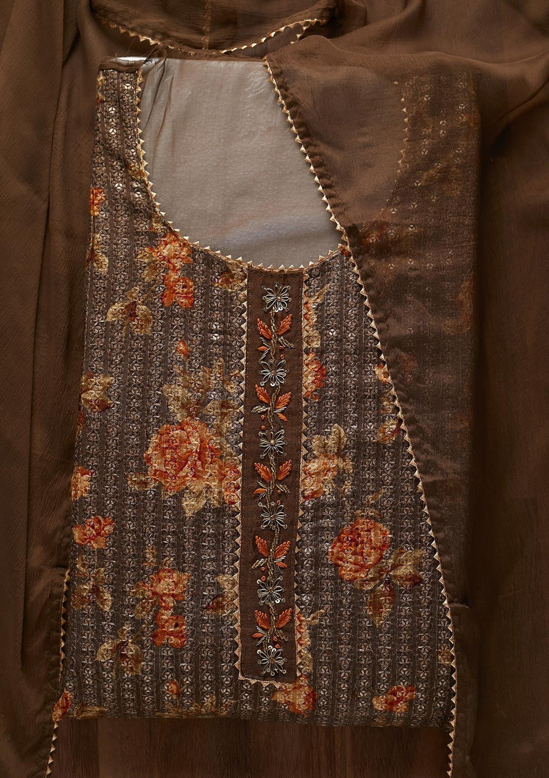 Brown Sequins Georgette Semi-Stitched Salwar Suit - Koskii