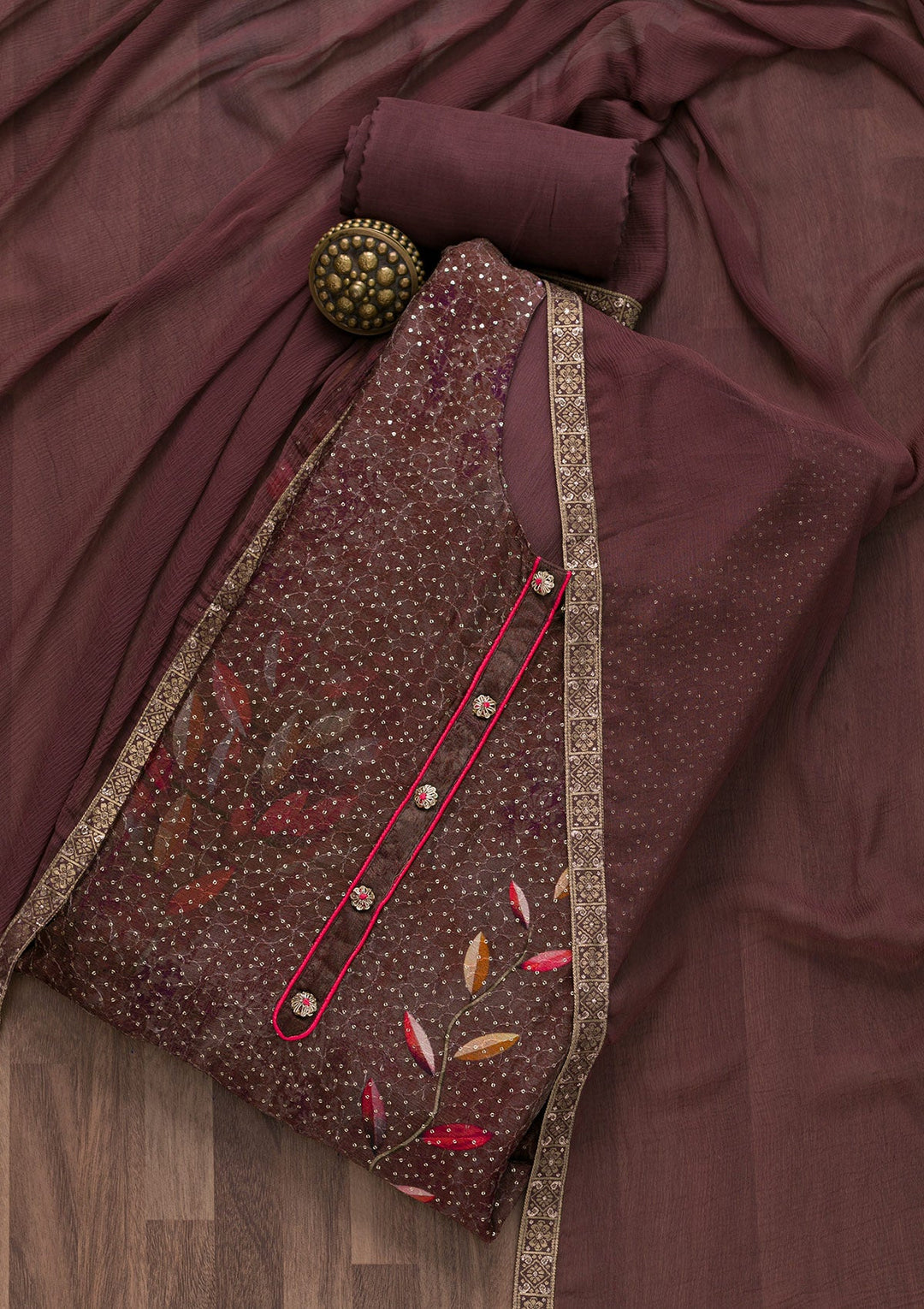 Brown Sequins Georgette Semi-Stitched Salwar Suit-Koskii