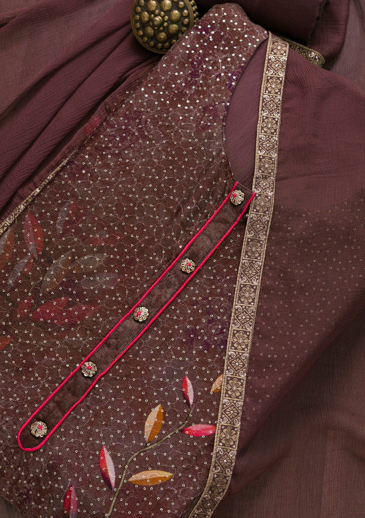 Brown Sequins Georgette Semi-Stitched Salwar Suit-Koskii