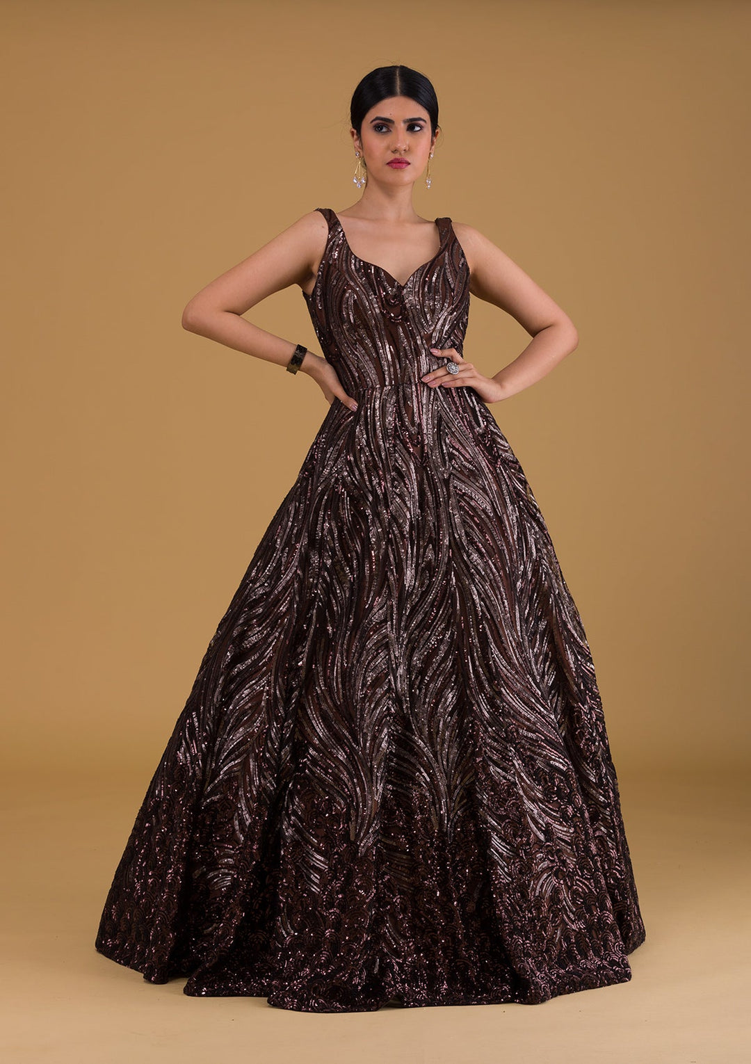 Brown Sequins Net Designer Gown-Koskii