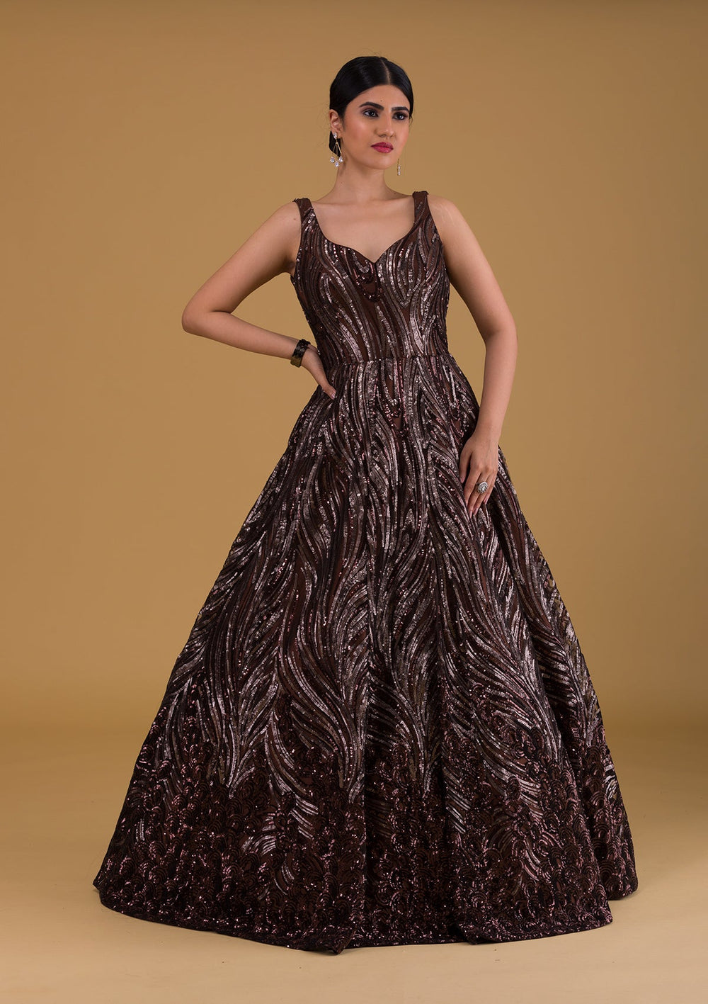 Brown Sequins Net Designer Gown-Koskii